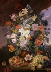 Frutas y flores en una cornisa con paisaje. Pintura de Franz Xaver Petter (1791-1866) Colección particular.
