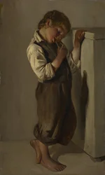 Muchacho de granja comiendo pan en la sala de estar