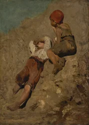 Dos muchachos campesinos en una pendiente