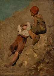 Dos muchachos campesinos en una ladera