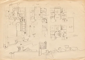 Bocetos de diseño para Matcha Atelier Villa: planos de planta y construcción del techo