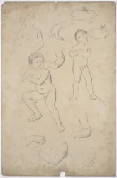 Desnudos infantiles y estudios de cabezas, 2 conejos