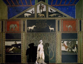 El mito de Orfeo, pintura de Franz von Stuck con tema y colorido típicos de la Secesión, conservada en la pared oriental de la Sala de Música, Villa Stuck, Múnich, Alemania