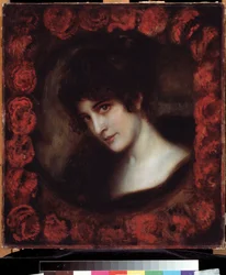 ""Portrait of a Woman"" (Retrato de una mujer) Mujer joven de cabello oscuro con el rostro enmarcado por rosas. Pintura de Franz Ritter von Stuck (1863-1928) Museo Pushkin de principios del siglo XX, Moscú