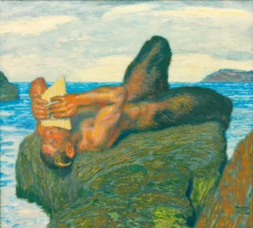 Fauno tocando la siringa en el mar