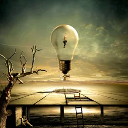 Paisaje onírico surrealista con bombillas