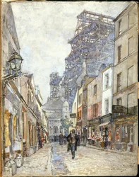 Francés: Rue du Chevalier-de-la-Barre, con el Sacré-Cœur en construcción