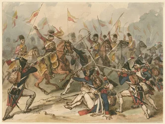 Infantería francesa y húsares rusos en combate en Austerlitz