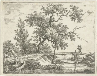 paisaje con hombre en puente