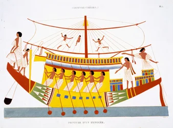 Un barco en el Nilo, extraído de un raro registro de frescos de Tebas, grabado en 1819-1822 en su segunda visita a Egipto por Frederic Cailliaud (1787-1869), litografía en color