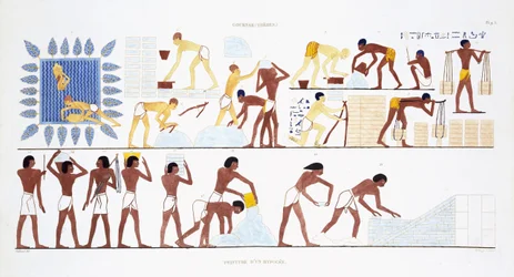 La fabricación de ladrillos, a partir de un raro registro de frescos de Tebas, registrado en 1819-1822 en su segunda visita a Egipto por Frederic Cailliaud (1787-1869), litografía en color