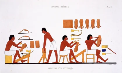 Marroquinería a partir de un raro registro de frescos de Tebas, registrado entre 1819 y 1822 en su segunda visita a Egipto por Frederic Cailliaud (1787-1869), litografía en color
