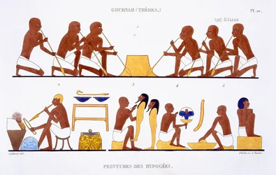 Metalistería, de un raro registro de frescos de Tebas, registrado en 1819-1822 en su segunda visita a Egipto por Frederic Cailliaud (1787-1869), litografía en color
