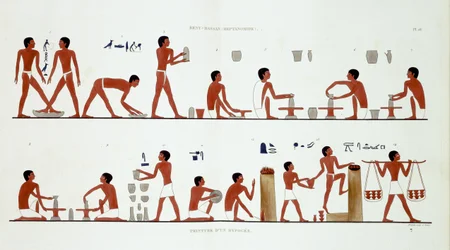 Alfareros trabajando, de un raro registro de frescos de Tebas, registrado en 1819-1822 en su segunda visita a Egipto por Frederic Cailliaud (1787-1869), litografía en color