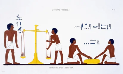 Rituales de la muerte (tema poco claro), de un raro registro de frescos de Tebas, registrado en 1819-1822 en su segunda visita a Egipto por Frederic Cailliaud (1787-1869) (litografía en color)