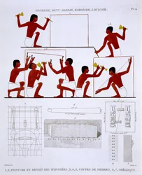 Canteros trabajando, de un raro registro de frescos de Tebas, registrado entre 1819 y 1822 en su segunda visita a Egipto por Frederic Cailliaud (1787-1869), litografía en color