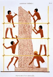 Canteros haciendo la estatua colosal del faraón, de un Raro Registro de Frescos de Tebas, registrado en 1819-1822 en su segunda visita a Egipto