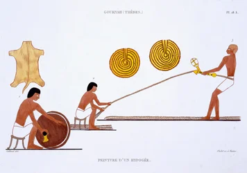 Tanner y Ropemaker, de un raro registro de frescos de Tebas, registrado entre 1819 y 1822 en su segunda visita a Egipto por Frederic Cailliaud (1787-1869), litografía en color