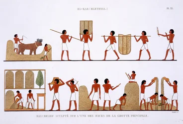 Transporte, almacenamiento y registro de los almacenes de grano, a partir de un raro registro de frescos de Tebas, grabado en 1819-1822 en su segunda visita a Egipto por Frederic Cailliaud (1787-1869), litografía en color