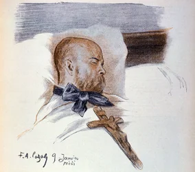 El poeta francés Paul Verlaine (1844-1896) en su lecho de muerte (dibujo)