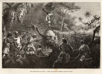 Abd es Samate, amigo y teniente de Mounza, rey de los Mombuttous, desafía a sus enemigos los Zandes (o niam niam) que les declararon la guerra, grabado después del dibujo de Laguillermie, ilustrando un viaje al corazón de África, en 1868-1871, por el Dr. G