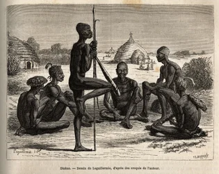 Dinkas del pueblo de Koudj (Senegal), cuyo cuerpo cubierto de cenizas, para protegerse de insectos y parásitos, también es una característica cosmética y social, grabado después del dibujo de Laguillermie, ilustrando el viaje al corazón de África en 1868-1