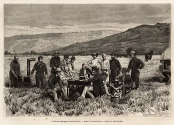 La misión geológica de los Estados Unidos es joven en la llanura, grabado después del dibujo de Laguillermie, ilustrando un conjunto de misiones geográficas a través del Parque Nacional de los Estados Unidos, de 1870 a 1872, por los señores Hayden, Doane y
