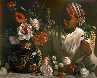 Mujer negra con peonías ... (óleo sobre lienzo)