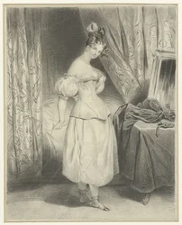 mujer joven, en, dormitorio, unlacing, ella, corsé, corpiño