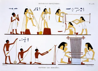 Hilado y tejido, de un raro registro de frescos de Tebas, registrado 1819-1822 en su segunda visita a Egipto por Frederic Cailliaud (1787-1869), litografía en color