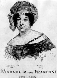Circo: Aguafuerte de Frédéric Hillemacher, retrato de la Sra. Minette Franconi (1805-1832) - en El Circo Franconi