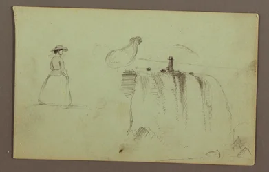 Una niña caminando, un pollo agachado y las Cataratas del Niágara