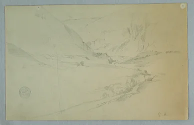Dibujo, Valle montañoso andino con arroyo serpenteante, Colombia o Ecuador, 1857