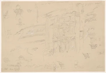Dibujo, Detalles arquitectónicos de El Khasneh, Petra, finales de febrero de 1868