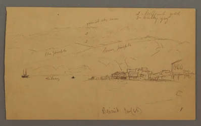 Dibujo, Bahía con casas, montañas detrás, enero de 1868