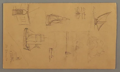 Dibujo, Estudios de barcos, Estudio de nubes, Dos edificios, posiblemente 1868