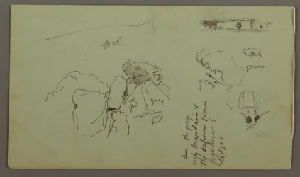 Dibujo, peñascos, casa, abril de 1868