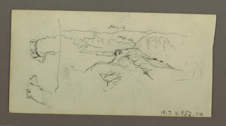 Dibujo, Stuides de camello, arbusto y valle, posiblemente 1868