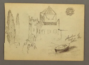 Dibujo, Castillo junto al agua, barco, árboles, posiblemente 1868