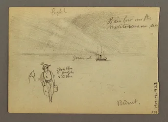 Dibujo, Castillo junto al agua, barco, árboles, posiblemente 1868