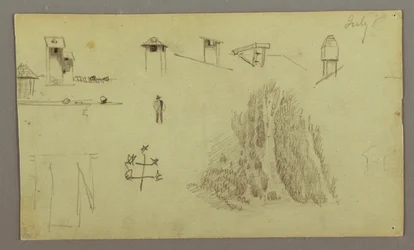 Dibujo, Chimeneas, Cascadas, Figura, etc., Julio posiblemente 1868