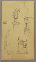 Dibujo, Iglesia, Edificio, Puente cubierto, posiblemente 1868-69