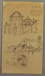 Dibujo, Iglesia, Edificio, Puente cubierto, posiblemente 1868-69