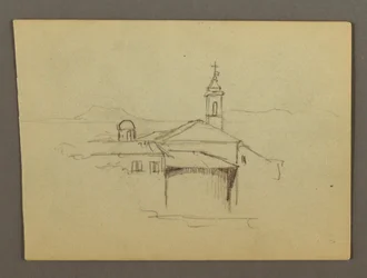 Dibujo, Torre de la iglesia contigua a los edificios, posiblemente 1868-69
