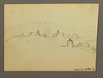 Dibujo, Torre de la iglesia contigua a los edificios, posiblemente 1868-69