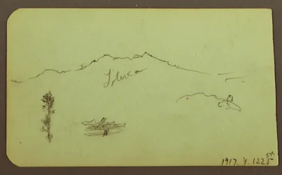 Dibujo, Iglesia; Verso: Paisaje montañoso, "Taluca", 1883
