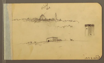 Dibujo, Iglesia, torre, casa; Verso: Cordillera, 1889