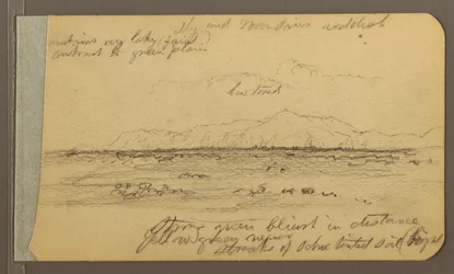 Dibujo, Iglesia, torre, casa; Verso: Cordillera, 1889