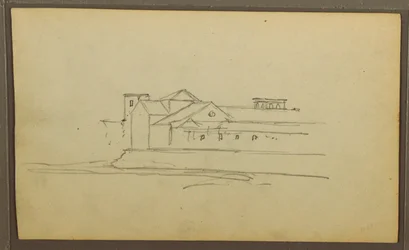 Dibujo, Iglesia, torres; Verso: Figuras en canoa, Bocetos botánicos, 1857