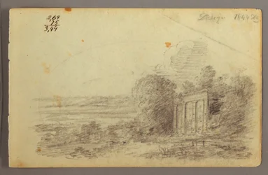 Dibujo, Ruina clásica, Árboles, 1844